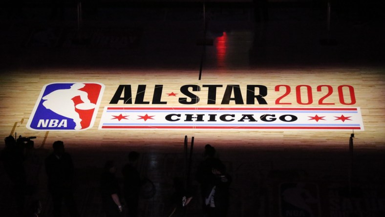 Feb 15, 2020; Chicago, Illinois, USA; The logo on the floor is illuminated during the skills competition during NBA All Star Saturday Night at United Center. Mandatory Credit: Dennis Wierzbicki-USA TODAY Sports