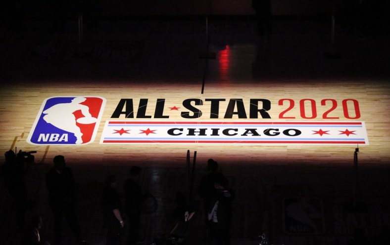 Feb 15, 2020; Chicago, Illinois, USA; The logo on the floor is illuminated during the skills competition during NBA All Star Saturday Night at United Center. Mandatory Credit: Dennis Wierzbicki-USA TODAY Sports