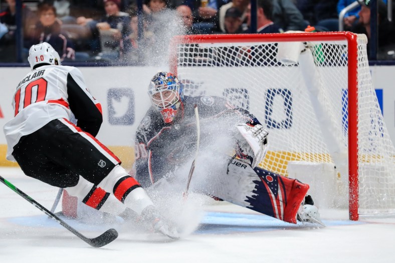 Feb 24, 2020; Columbus, Ohio, USA; Ottawa Senators left wing Anthony Duclair (10) skates as he collides with Columbus Blue Jackets goaltender Elvis Merzlikins (90) in the second period at Nationwide Arena. Mandatory Credit: Aaron Doster-USA TODAY Sports