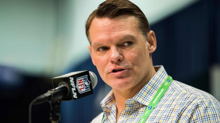 Feb 25, 2020; Indianapolis, Indiana, USA; Indianapolis Colts general manager Chris Ballard speaks to the media during the 2020 NFL Combine in the Indianapolis Convention Center. Mandatory Credit: Trevor Ruszkowski-USA TODAY Sports