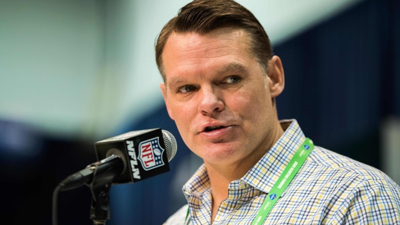 Feb 25, 2020; Indianapolis, Indiana, USA; Indianapolis Colts general manager Chris Ballard speaks to the media during the 2020 NFL Combine in the Indianapolis Convention Center. Mandatory Credit: Trevor Ruszkowski-USA TODAY Sports