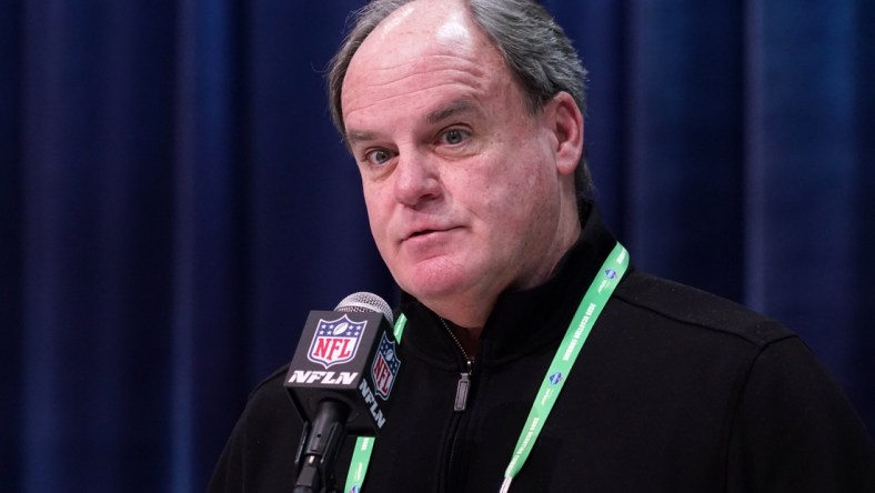 Feb 25, 2020; Indianapolis, Indiana, USA; Pittsburgh Steelers general manager Kevin Colbert speaks during the NFL Scouting Combine at the Indiana Convention Center. Mandatory Credit: Kirby Lee-USA TODAY Sports