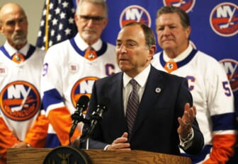 Feb 29, 2020; Uniondale, New York, USA; NHL commissioner Gary Bettman addresses the media announcing that the Islanders will play all this years playoff games and all next years home games at the Nassau Colisuem prior to the game against the Boston Bruins at Nassau Veterans Memorial Coliseum. Mandatory Credit: Andy Marlin-USA TODAY Sports
