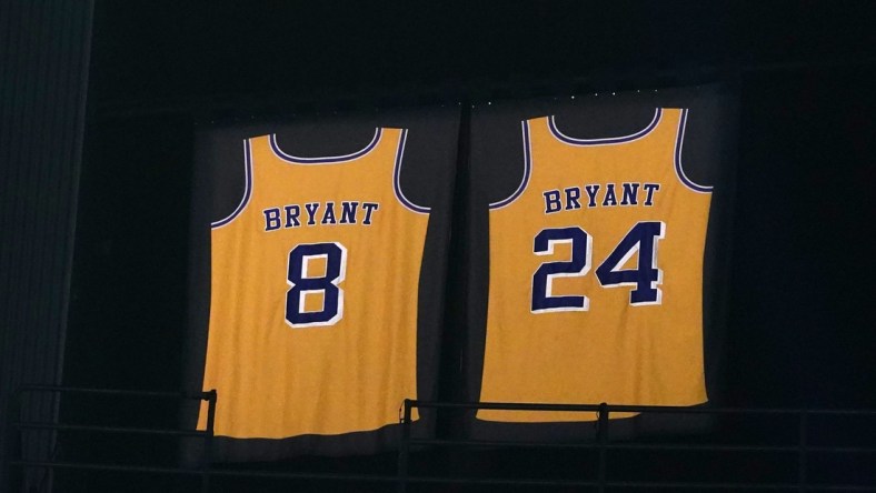 Mar 8, 2020; Los Angeles, California, USA; General overall view of the retired Los Angeles Nos. 2 and 28 jerseys of Kobe Bryant at the Staples Center. Mandatory Credit: Kirby Lee-USA TODAY Sports