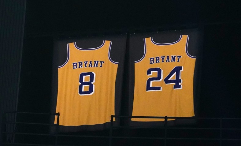 Mar 8, 2020; Los Angeles, California, USA; General overall view of the retired Los Angeles Nos. 2 and 28 jerseys of Kobe Bryant at the Staples Center. Mandatory Credit: Kirby Lee-USA TODAY Sports