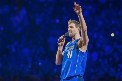 Apr 9, 2019; Dallas, TX, USA; Dallas Mavericks forward Dirk Nowitzki (41) waves goodbye to the Mavericks fans after the game against the Phoenix Suns at the American Airlines Center. Mandatory Credit: Jerome Miron-USA TODAY Sports
