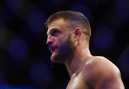 May 9, 2020; Jacksonville, Florida, USA;  Calvin Kattar (blue gloves) defeats Jeremy Stephens (red gloves) during UFC 249 at VyStar Veterans Memorial Arena. Mandatory Credit: Jasen Vinlove-USA TODAY Sports