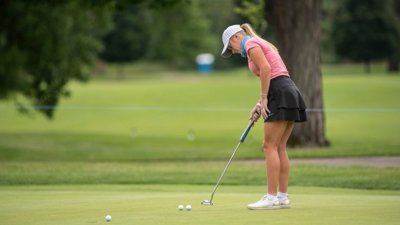 Golfer Sarah Shipley lines up her put as she prepares for the FireKeepers Casino Hotel Championship Symetra Tour event on Tuesday, July 21, 2020 at Battle Creek Country Club in Battle Creek, Mich.