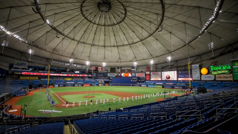 Jul 24, 2020; St. Petersburg, Florida, USA; A general view of Tropicana Field during a moment of silence in support of black lives before the regular season opener between the Toronto Blue Jays and Tampa Bay Rays. Mandatory Credit: Mary Holt-USA TODAY Sports