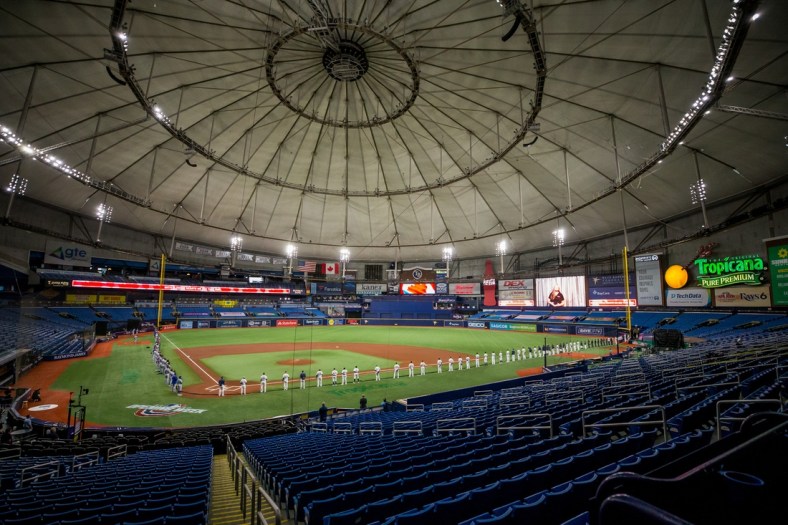 Jul 24, 2020; St. Petersburg, Florida, USA; A general view of Tropicana Field during a moment of silence in support of black lives before the regular season opener between the Toronto Blue Jays and Tampa Bay Rays. Mandatory Credit: Mary Holt-USA TODAY Sports