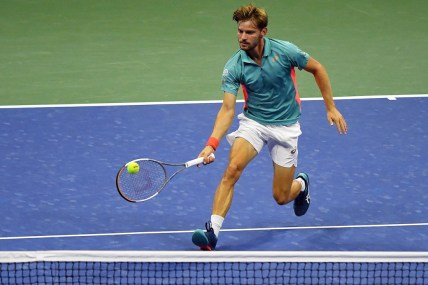 Sep 6, 2020; Flushing Meadows, New York, USA; David Goffin of Belgium hits the ball against  Denis Shapovalov of Canada on day seven of the 2020 U.S. Open tennis tournament at USTA Billie Jean King National Tennis Center. Mandatory Credit: Robert Deutsch-USA TODAY Sports