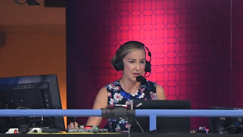 Sep 9 2020; Flushing Meadows, New York,USA; Hall of Fame member and ESPN commentator Chris Evert calls the match between Victoria Azarenka of Belarus and Elise Mertens of Belgium (both not pictured) in a women's singles quarter-finals match on day nine of the 2020 U.S. Open tennis tournament at USTA Billie Jean King National Tennis Center. Mandatory Credit: Robert Deutsch-USA TODAY Sports