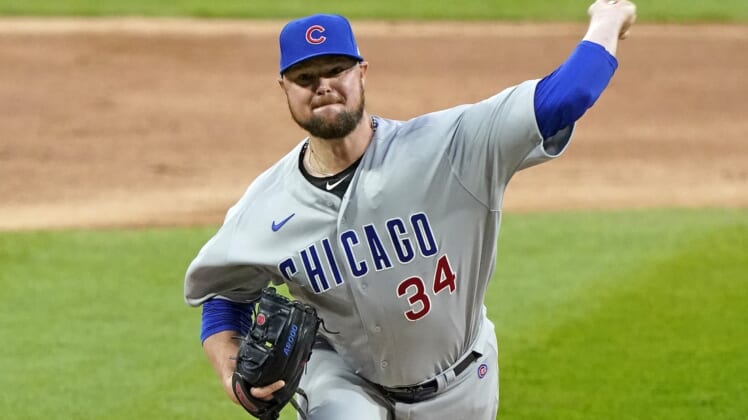 Sep 26, 2020; Chicago, Illinois, USA; Chicago Cubs starting pitcher Jon Lester (34) throws a pitch against the Chicago White Sox during the first inning at Guaranteed Rate Field. Mandatory Credit: Mike Dinovo-USA TODAY Sports