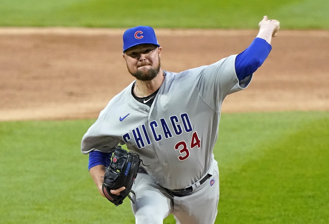 Sep 26, 2020; Chicago, Illinois, USA; Chicago Cubs starting pitcher Jon Lester (34) throws a pitch against the Chicago White Sox during the first inning at Guaranteed Rate Field. Mandatory Credit: Mike Dinovo-USA TODAY Sports