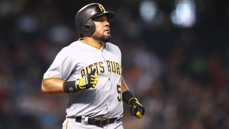 May 15, 2019; Phoenix, AZ, USA; Pittsburgh Pirates outfielder Melky Cabrera against the Arizona Diamondbacks at Chase Field. Mandatory Credit: Mark J. Rebilas-USA TODAY Sports