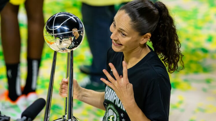 Oct 6, 2020; Bradenton, Florida, USA; Seattle Storm guard Sue Bird (10) poses with the championship trophy after winning the 2020 WNBA Finals at IMG Academy. Mandatory Credit: Mary Holt-USA TODAY Sports
