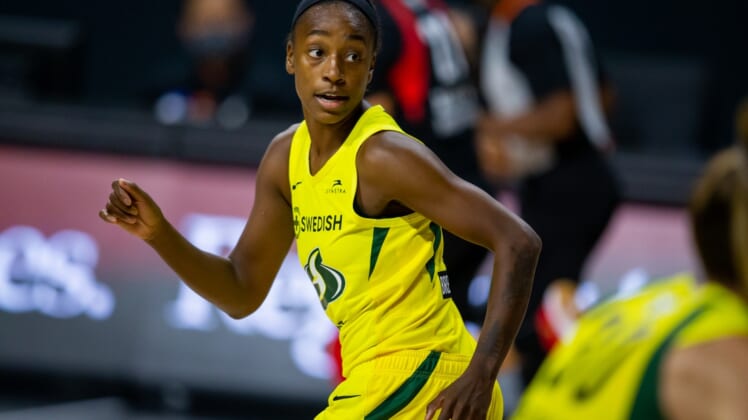 Oct 2, 2020; Bradenton, Florida, USA; Seattle Storm guard Jewell Loyd (24) runs back on defense during game 1 of the WNBA finals against the Las Vegas Aces at IMG Academy. Mandatory Credit: Mary Holt-USA TODAY Sports