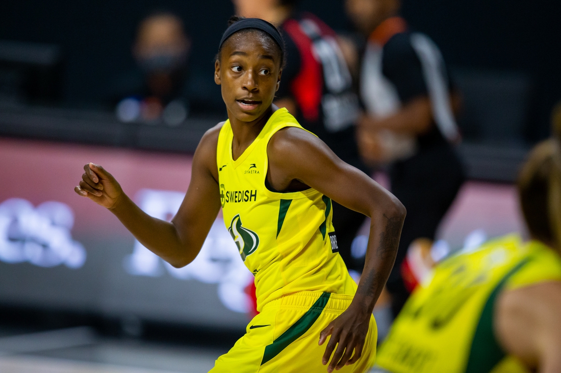 Oct 2, 2020; Bradenton, Florida, USA; Seattle Storm guard Jewell Loyd (24) runs back on defense during game 1 of the WNBA finals against the Las Vegas Aces at IMG Academy. Mandatory Credit: Mary Holt-USA TODAY Sports