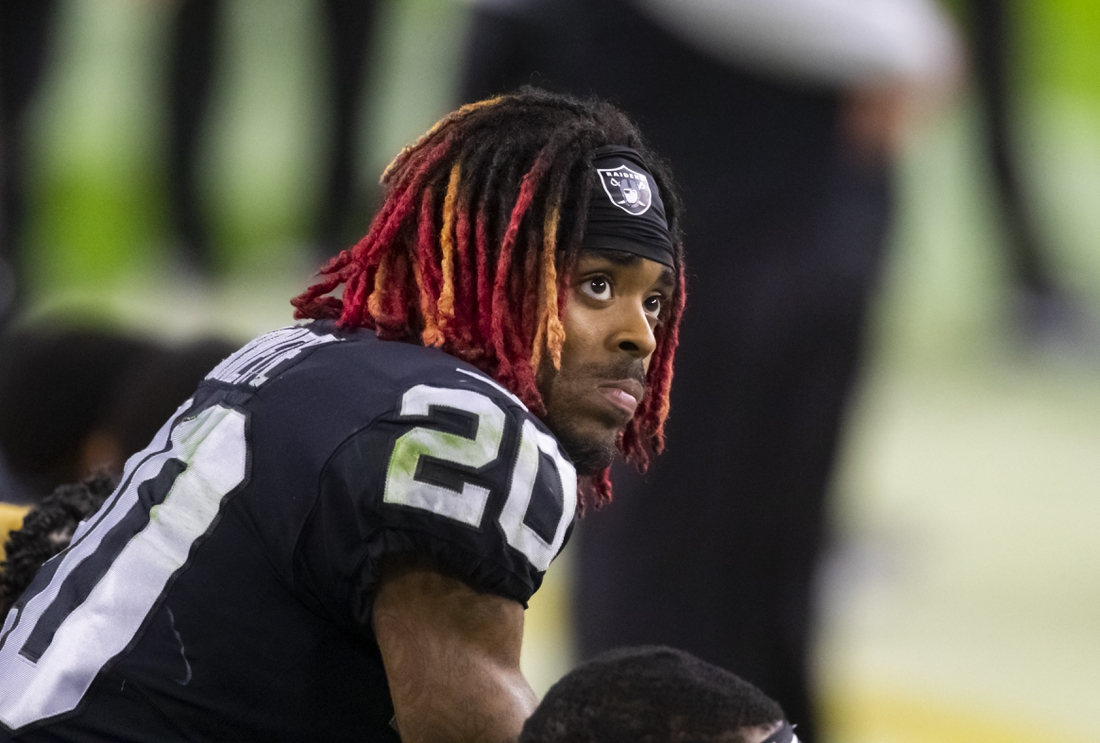 Nov 22, 2020; Paradise, Nevada, USA; Las Vegas Raiders cornerback Damon Arnette (20) against the Kansas City Chiefs at Allegiant Stadium. Mandatory Credit: Mark J. Rebilas-USA TODAY Sports