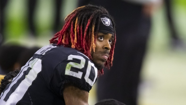 Nov 22, 2020; Paradise, Nevada, USA; Las Vegas Raiders cornerback Damon Arnette (20) against the Kansas City Chiefs at Allegiant Stadium. Mandatory Credit: Mark J. Rebilas-USA TODAY Sports