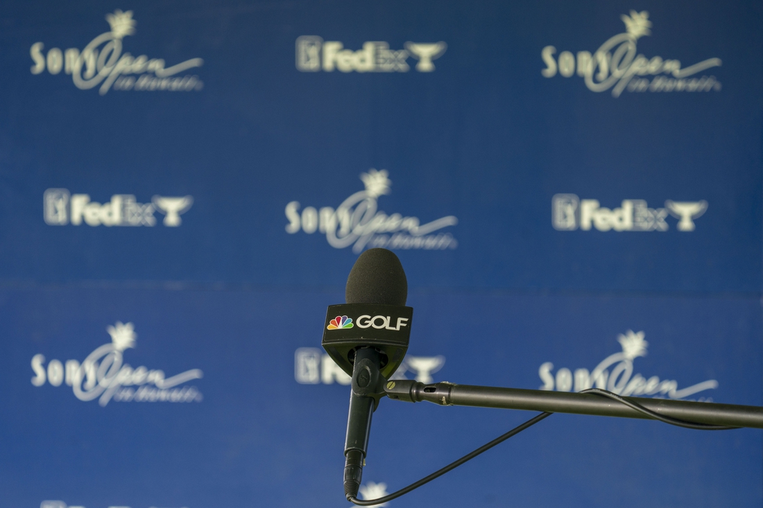 January 14, 2021; Honolulu, Hawaii, USA; Golf Channel microphone during the first round of the Sony Open golf tournament at Waialae Country Club. Mandatory Credit: Kyle Terada-USA TODAY Sports