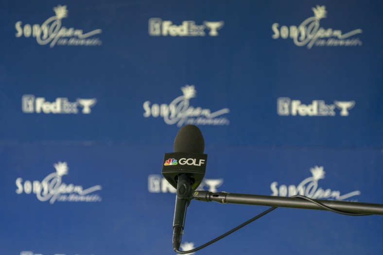 January 14, 2021; Honolulu, Hawaii, USA; Golf Channel microphone during the first round of the Sony Open golf tournament at Waialae Country Club. Mandatory Credit: Kyle Terada-USA TODAY Sports