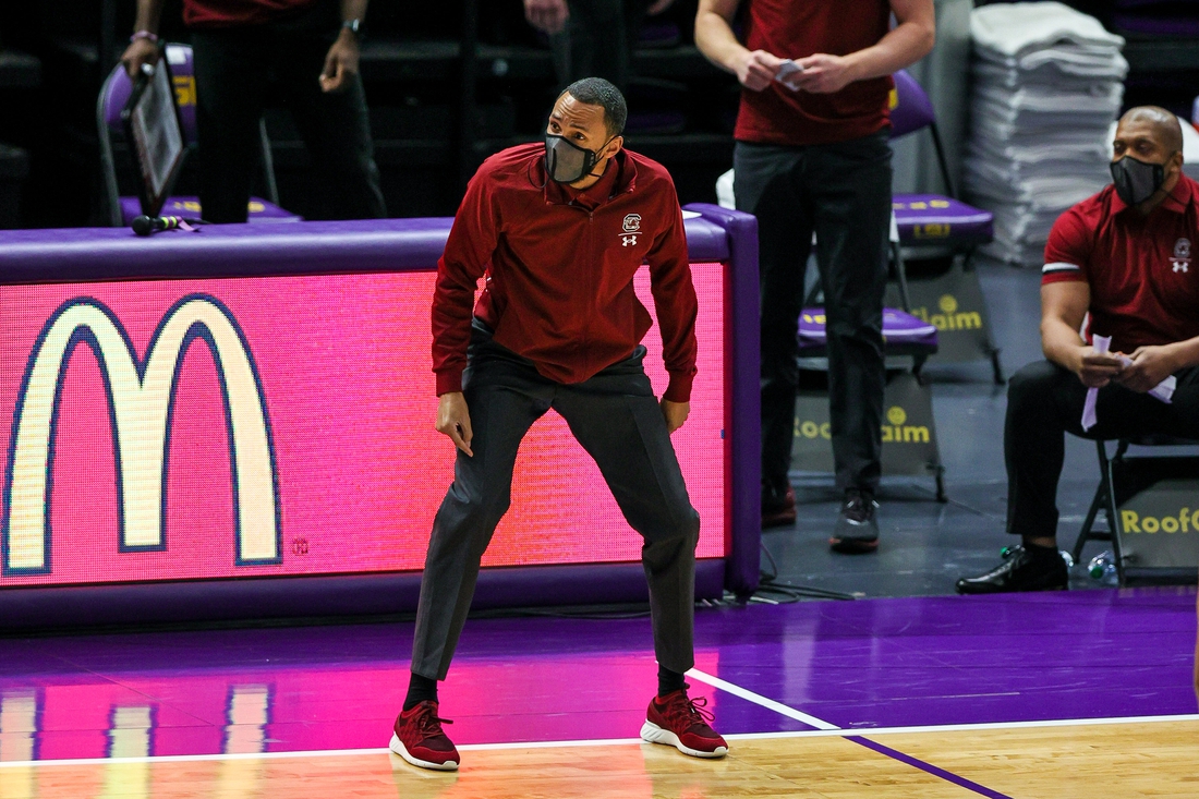 Jan 16, 2021; Baton Rouge, Louisiana, USA;  South Carolina Gamecocks assistant coach Bruce Shingler reacts to a 10 second violation against LSU Tigers during the second half at the Pete Maravich Assembly Center. Mandatory Credit: Stephen Lew-USA TODAY Sports