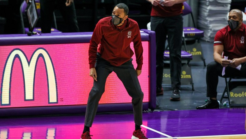 Jan 16, 2021; Baton Rouge, Louisiana, USA;  South Carolina Gamecocks assistant coach Bruce Shingler reacts to a 10 second violation against LSU Tigers during the second half at the Pete Maravich Assembly Center. Mandatory Credit: Stephen Lew-USA TODAY Sports