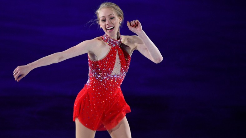 Jan 17, 2021; Las Vegas, Nevada, USA; Bradie Tennell performs during the Skating Spectacular event at the 2021 U.S. Figure Skating Championships at Orleans Arena. Mandatory Credit: Orlando Ramirez-USA TODAY Sports