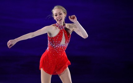 Jan 17, 2021; Las Vegas, Nevada, USA; Bradie Tennell performs during the Skating Spectacular event at the 2021 U.S. Figure Skating Championships at Orleans Arena. Mandatory Credit: Orlando Ramirez-USA TODAY Sports