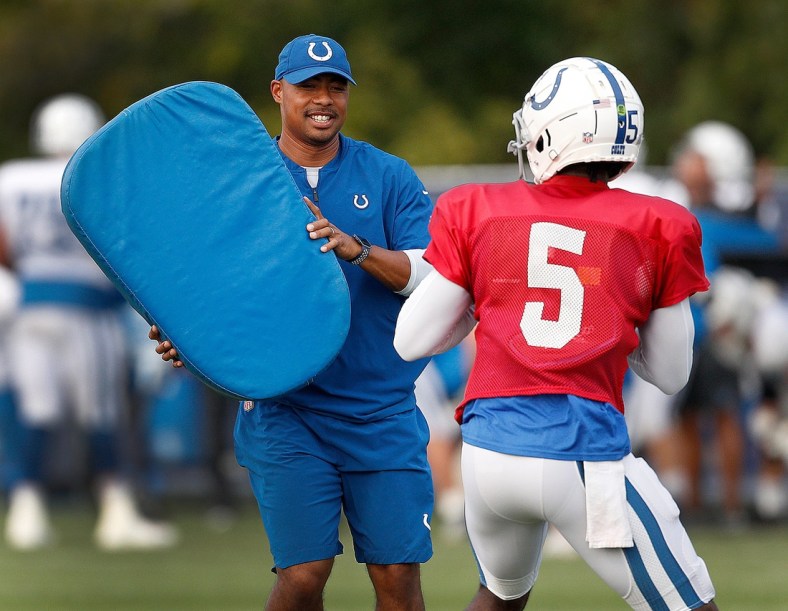 Then Indianapolis Colts assistant quarterbacks coach Marcus Brady works with his players at the Colts training camp at Grand Park in Westfield on Tuesday Aug 21

Indianapolis Colts Training Camp At Grand Park In Westfield