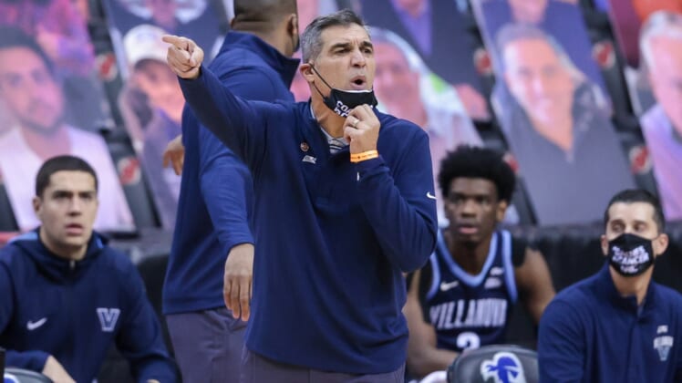 Jan 30, 2021; Newark, New Jersey, USA; Villanova Wildcats head coach Jay Wright shouts instructions for his team during the first half against the Seton Hall Pirates at Prudential Center. Mandatory Credit: Vincent Carchietta-USA TODAY Sports