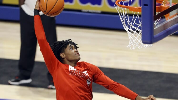 Feb 17, 2021; Pittsburgh, Pennsylvania, USA;  North Carolina State Wolfpack guard Dereon Seabron (1) warms up against the Pittsburgh Panthers at the Petersen Events Center. Mandatory Credit: Charles LeClaire-USA TODAY Sports