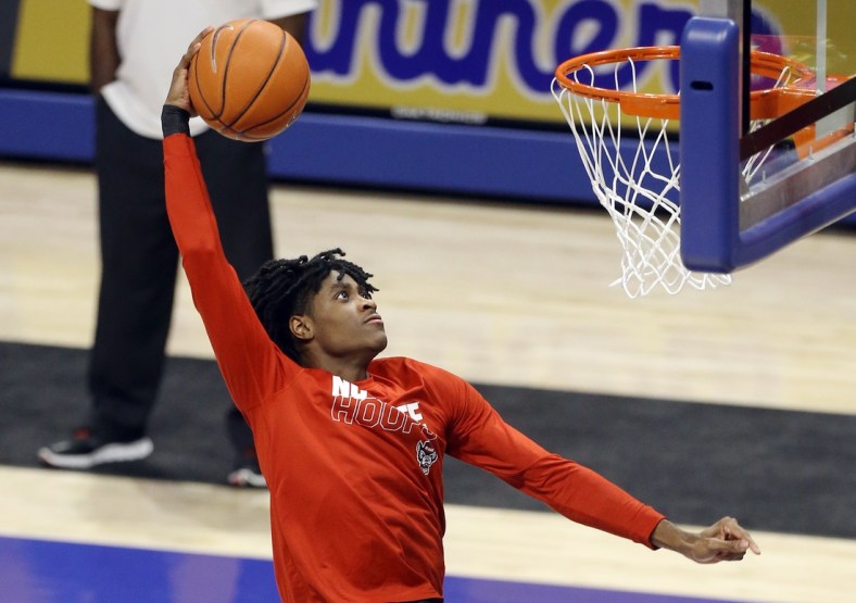 Feb 17, 2021; Pittsburgh, Pennsylvania, USA;  North Carolina State Wolfpack guard Dereon Seabron (1) warms up against the Pittsburgh Panthers at the Petersen Events Center. Mandatory Credit: Charles LeClaire-USA TODAY Sports