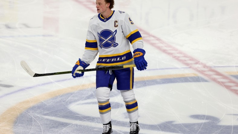 Feb 28, 2021; Buffalo, New York, USA; Buffalo Sabres center Jack Eichel (9) on the ice for warmups before a game against the Philadelphia Flyers at KeyBank Center. Mandatory Credit: Timothy T. Ludwig-USA TODAY Sports