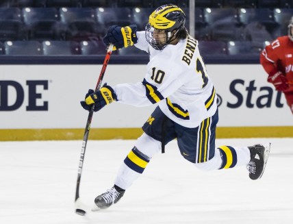 Mar 14, 2021; South Bend, IN, USA; Michigan's Matty Beniers (10) shoots during the Michigan vs. Ohio State Big Ten Hockey Tournament game Sunday, March 14, 2021 at the Compton Family Ice Arena in South Bend.  Mandatory Credit: Michael Caterina-USA TODAY Sports