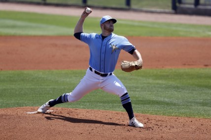 Mar 26, 2021; Port Charlotte, Florida, USA; Tampa Bay Rays pitcher David Hess (47) throws a pitch during the first inning against the Boston Red Sox at Charlotte Sports Park. Mandatory Credit: Kim Klement-USA TODAY Sports