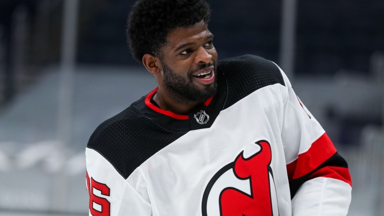 Mar 30, 2021; Boston, Massachusetts, USA; New Jersey Devils defenseman PK Subban (76) warms up before playing the Boston Bruins at TD Garden. Mandatory Credit: Paul Rutherford-USA TODAY Sports