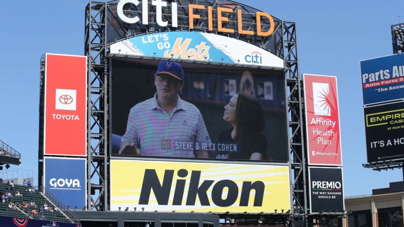 Apr 8, 2021; New York City, New York, USA; A message from New York Mets owners Steve Cohen and his wife Alex is played on the video board before an opening day game against the Miami Marlins at Citi Field. Mandatory Credit: Brad Penner-USA TODAY Sports