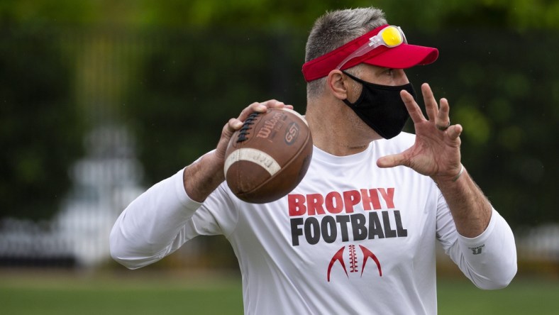 Brophy Prep quarterbacks coach Kurt Warner practices with players at the Brophy Sports Complex in Phoenix, Ariz. on April 26, 2021.

Brophy Football Practice April 26 2021