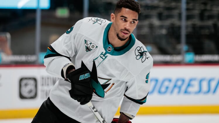 Apr 30, 2021; Denver, Colorado, USA; San Jose Sharks left wing Evander Kane (9) before the game against the Colorado Avalanche at Ball Arena. Mandatory Credit: Isaiah J. Downing-USA TODAY Sports