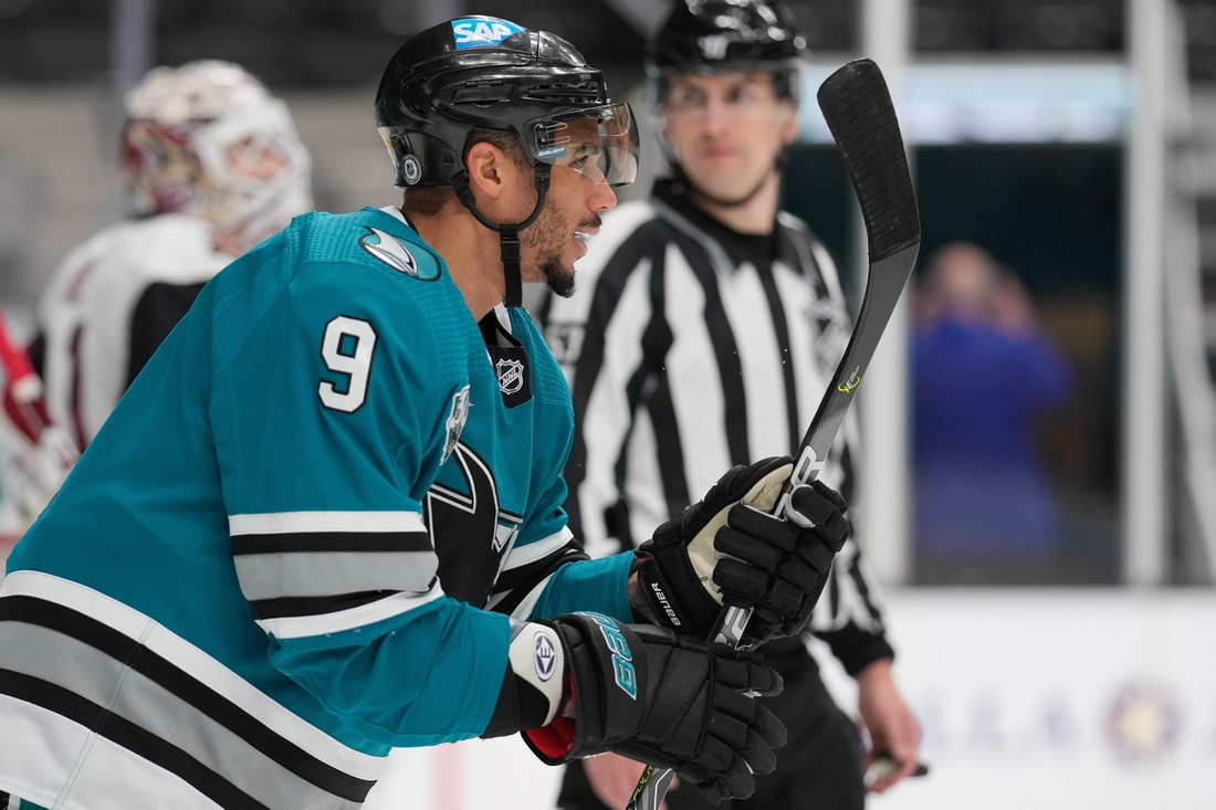 May 8, 2021; San Jose, California, USA;  San Jose Sharks left wing Evander Kane (9) during the third period against the Arizona Coyotes at SAP Center at San Jose. Mandatory Credit: Stan Szeto-USA TODAY Sports