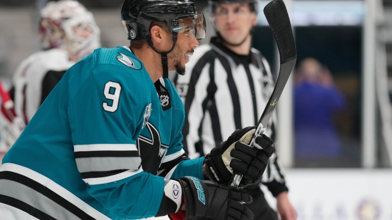 May 8, 2021; San Jose, California, USA;  San Jose Sharks left wing Evander Kane (9) during the third period against the Arizona Coyotes at SAP Center at San Jose. Mandatory Credit: Stan Szeto-USA TODAY Sports