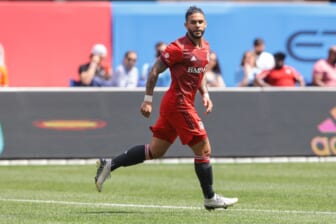 May 15, 2021; New York, New York, USA; Toronto FC forward Dom Dwyer (6) in action during the second half against New York City at Yankee Stadium. Mandatory Credit: Vincent Carchietta-USA TODAY Sports