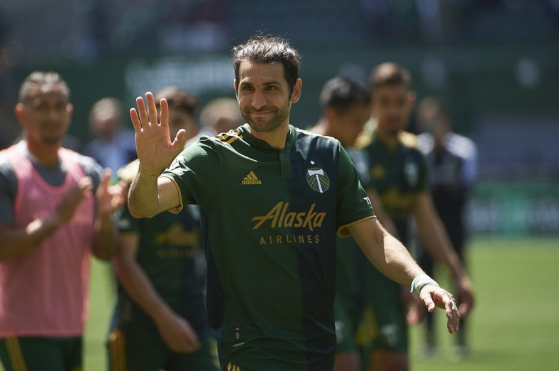 May 22, 2021; Portland, Oregon, USA; Portland Timbers midfielder Diego Valeri (8) waves to fans after a game against the Los Angeles Galaxy at Providence Park. The Timbers won the game 3-0. Mandatory Credit: Troy Wayrynen-USA TODAY Sports