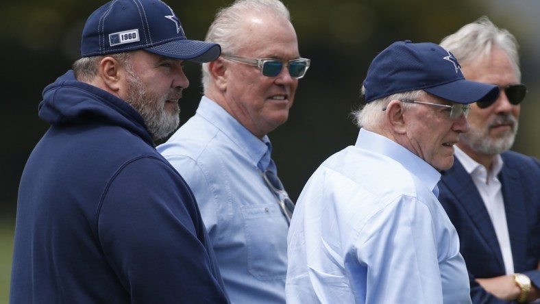 Jun 3, 2021; Frisco, TX, USA; Dallas Cowboys head coach Mike McCarthy and CEO Stephen Jones and owner Jerry Jones on the sidelines during voluntary Organized Team Activities at the Star Training Facility in Frisco, Texas. Mandatory Credit: Tim Heitman-USA TODAY Sports