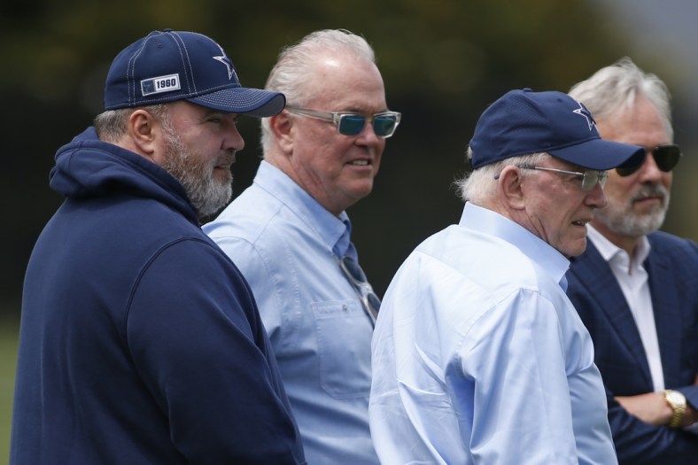 Jun 3, 2021; Frisco, TX, USA; Dallas Cowboys head coach Mike McCarthy and CEO Stephen Jones and owner Jerry Jones on the sidelines during voluntary Organized Team Activities at the Star Training Facility in Frisco, Texas. Mandatory Credit: Tim Heitman-USA TODAY Sports