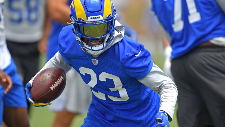 Jun 8, 2021; Thousand Oaks, CA, USA;   Los Angeles Rams running back Cam Akers (23) participates in drills during mini camp held at the practice facility at Cal State Lutheran. Mandatory Credit: Jayne Kamin-Oncea-USA TODAY Sports