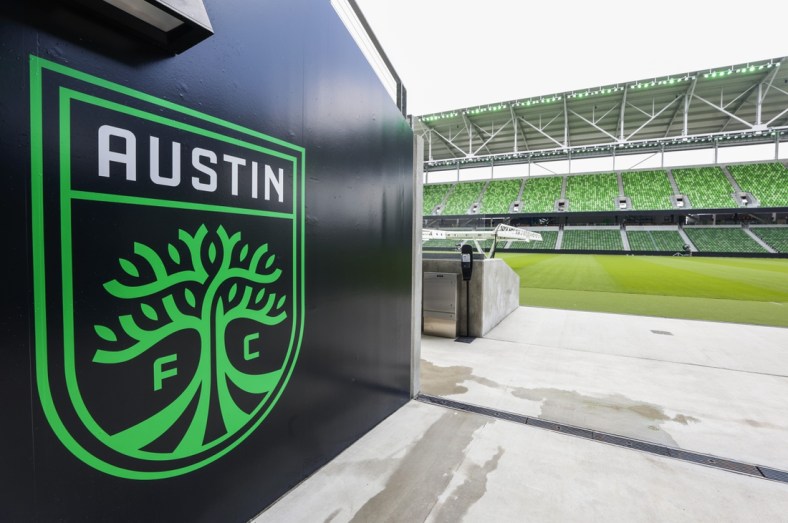Jun 9, 2021; Austin, TX, United States; The Austin FC logo is painted on the wall at the exit of the players tunnel at Q2 Stadium, home of the new MLS team Austin FC. Mandatory Credit: Erich Schlegel-USA TODAY Sports