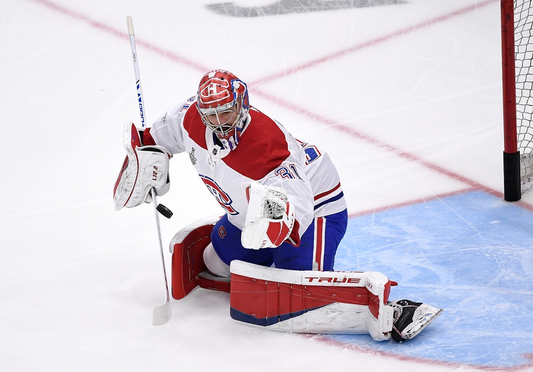 Jul 7, 2021; Tampa, Florida, USA; Montreal Canadiens goaltender Carey Price (31) warms up before game five of the 2021 Stanley Cup Final against the Tampa Bay Lightning at Amalie Arena. Mandatory Credit: Douglas DeFelice-USA TODAY Sports